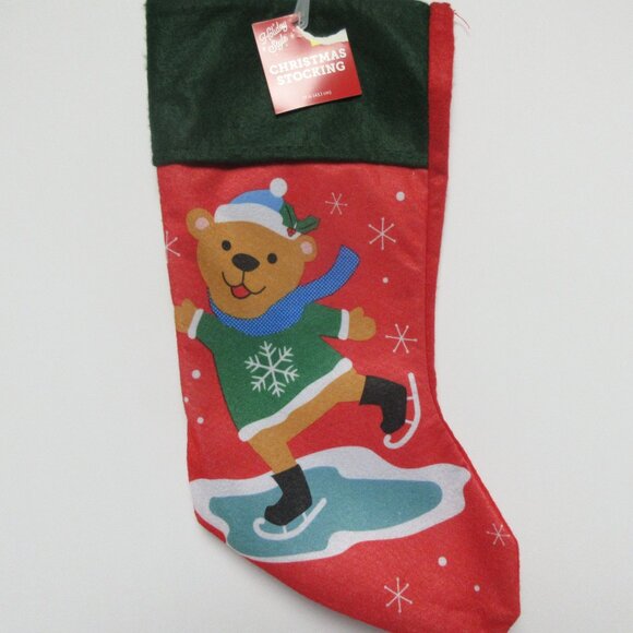Teddy Bear Red Felt Christmas Stocking Applique W ICE SKATES Green&Red - Picture 1 of 4
